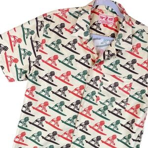 Mami Wata Mens Surfer Dice Graphic Shirt Cream Short Sleeve Button Up Medium